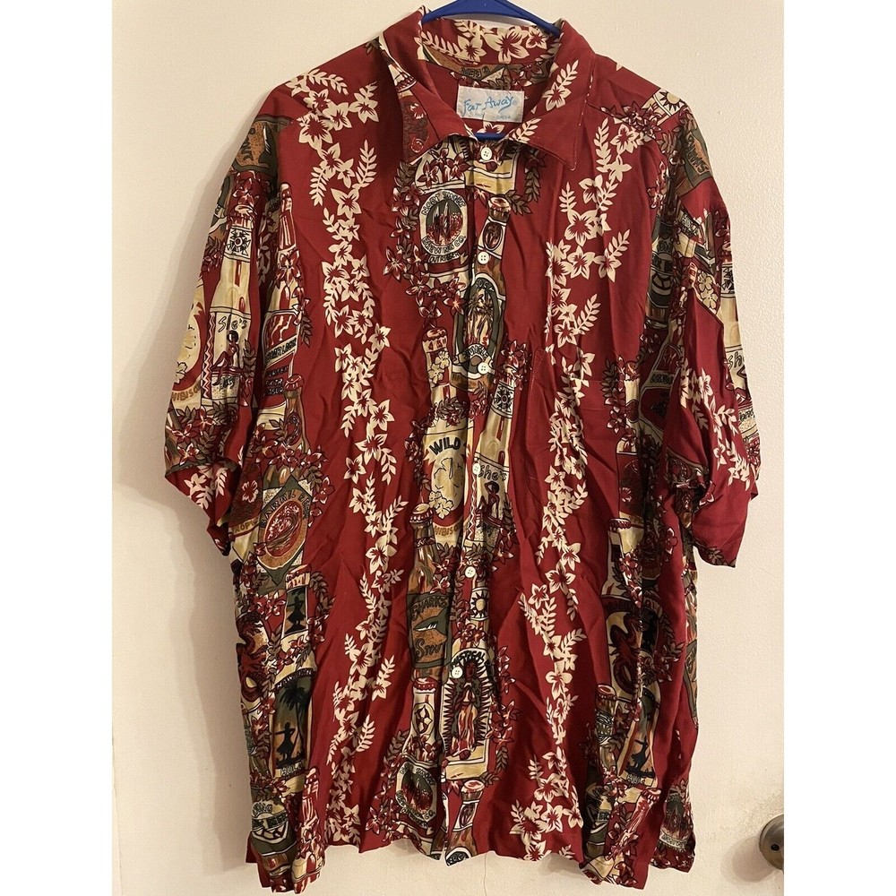Far Away Aloha Hawaiian Shirt Mens SZ XL Button Up Beer Bottles Red